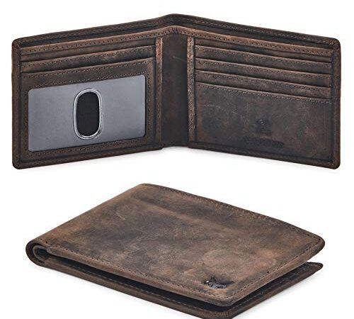 Real Leather Mens Bifold Wallet RFID Blocking Slim Minimalist Front Pocket - Thin & Stylish with ID Window (Coffee Crazy Horse)