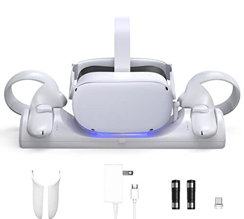 VR Charging Dock Compatible for Oculus Quest 2/Meta Quest 2 Charging Station,Magnetic Charge Headest and Controller Simultaneously with LED Indicator and 2 Rechargeable Batteries