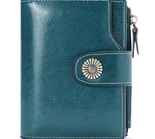 Wallets for Women Small Bifold RFID Blocking Genuine Leather Short Ladies Purse Zipper Coin Pocket Card Cash Holder with ID Window (Classic Blue)