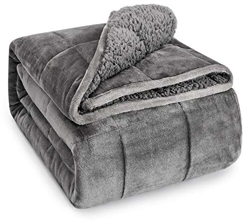 Wemore Sherpa Fleece Weighted Blanket for Adult, 15 lbs Dual Sided Cozy Fluffy Heavy Blanket, Ultra Fuzzy Throw Blanket with Soft Plush Flannel Top, 48 x 72 inches, Grey on Both Sides