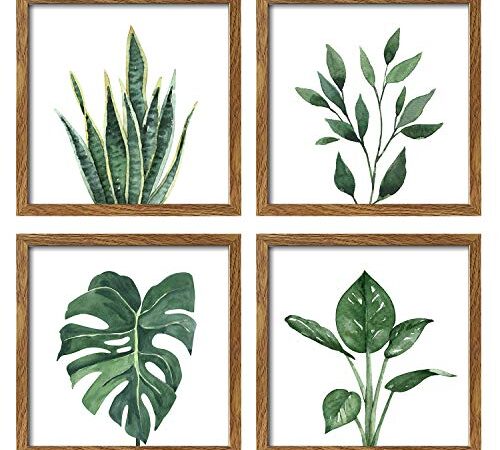 ArtbyHannah 10x10 Inch 4 Panels Botanical Wooden Framed Walnut Square Picture Frame Collage Set for Wall Art Decor with Watercolor Green Leaf Tropical Plant Prints for Gallery Wall Kit or Home Decoration