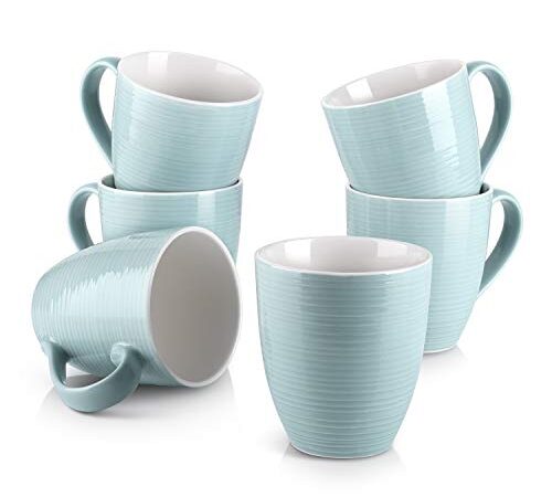 DOWAN Coffee Mugs, Coffee Mugs Set of 6, 17 Oz Ceramic Coffee Cups with Handle, Large Coffee Mug for Coffee Tea, Party, Thanksgiving, Christmas Gift, Turquoise