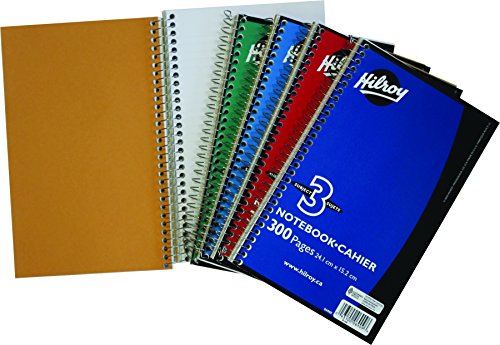 Hilroy Coil 3-Subject Notebook, Wide Ruled, 9.5 X 6 Inches, 300 Pages, Assorted Color Covers (06909)
