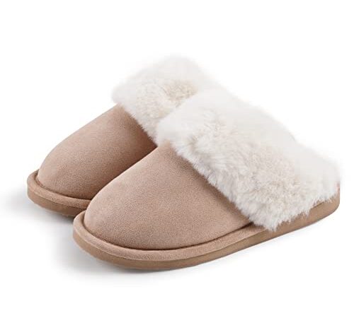 Land Vogue Scuff Slippers for Women with Ultra-long Faux Rabbit Fur Fleece Lining for Cozy Indoor Outdoor Anti Slip Sole (L, Beige, US 7-8)