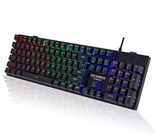 Mechanical Gaming Keyboard,RGB 104 Keys Ultra-Slim Rainbow LED Backlit USB Wired Keyboard with Blue Switches,Durable ABS Keycaps/Anti-Ghosting/Spill-Resistant Mechanical Keyboard for PC Mac Xbox Gamer