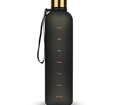 Monexi - 1L Water Bottle with Time Markings, Clear Water Bottle with Steel Bottle Cap & Sturdy Carrying Strap, Best for Gym Bottle, Travel Water Bottle & Hiking Bottle (Black)