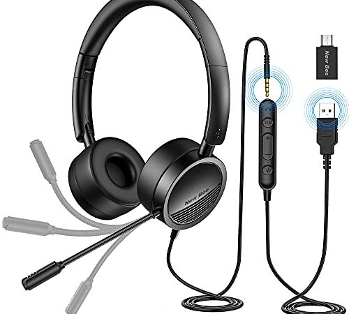 New bee USB Headset Computer Headset in-Line Call Controls Office Headset with Noise Cancelling Micphone Call Center Headset for Skype, Zoom, Laptop, Phone, PC, Tablet, Home with USB-C Adapter