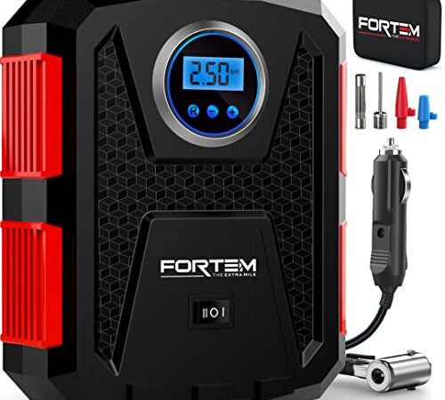 FORTEM Tire Inflator Portable Air Compressor, Bike Tire Pump, 12V Electric Air Pump for Car Tires, Bicycles w/LED Light, Digital Tire Pressure Gauge w/Auto Pump/Shut Off Feature, Carrying Case (Red)