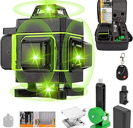 16 Lines Self-Leveling Laser Level 4 x 360°Cross Line Laser, 4D Rechargeable Laser Tool , 360° Horizontal& 360°Vertical Laser Lines with Wall Bracket and Lifting Base