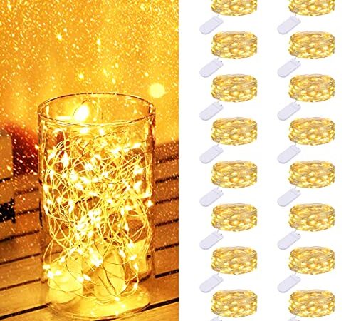[16 Pack] Fairy Lights Battery Powered, Litogo twinkle lights 7 ft 20 LED Mini String Lights, Waterproof Silver Wire Fairy Lights Battery Operated for DIY, Wedding Christmas Bottle Mason Jar Decor, Warm White