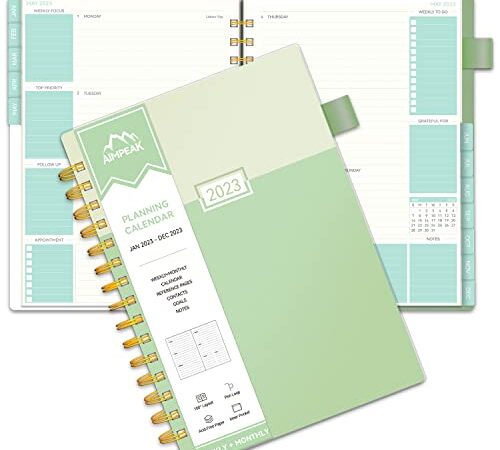 2023 Weekly & Monthly Planner, Jan. 2023 - Dec. 2023, AIMPEAK Weekly Planner 2023 with Tabs, Calendar Planner with Inner Pocket, Pen Loop, Flexible Cover，Spiral Binding, Green(5.5"x8.5")
