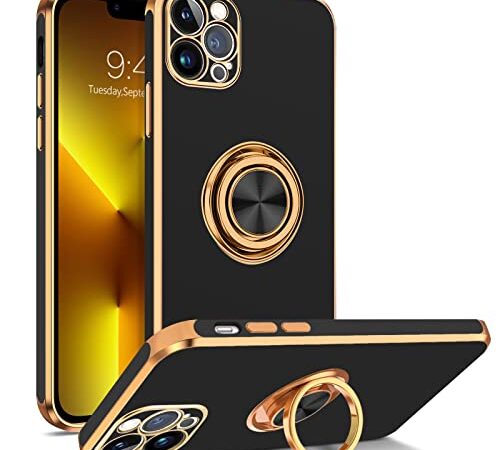 BENTOBEN iPhone 13 Pro Max Case, iPhone 13 Pro Max Phone Case Ring Holder Edge Plating Rotation Kickstand Soft Silicone TPU Bumper Women Girls Slim Shockproof Protective Case iPhone 13 Pro Max, Black