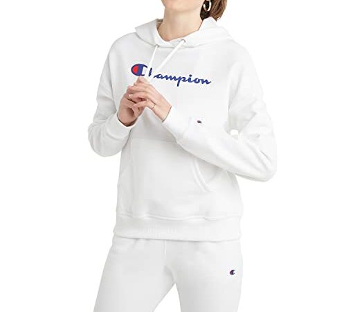 Champion Womens Powerblend Relaxed Hoodie for Women,Hooded Sweatshirts for Women, Script, White Champion Script, Medium