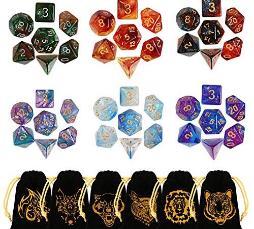 GWHOLE Polyhedral Dice 6×7 DND Dice Set with Drawstring Pouches 7-Die Game Dices for Dungeons and Dragons D&D RPG MTG Table Games