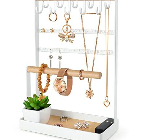 Jewelry Organizer Necklace Holder, 5 Tier Earring Display Stand with 10 Hooks Ear Stud Holes, Bracelet Hanging Rack Wooden Ring Tray for Women Girl Jewelry Storage on Dresser