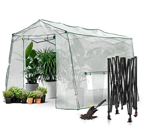 Joyside Walk-in Greenhouse 8.5 Ft x 7 Ft Pop-up Outdoor Green House Plant Gardening Canopy, Roll-up Zipper Entry Doors and 3 Large Roll-Up Side Windows with Garden Hand Shovel(Medium, White)