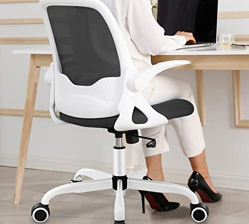 Office Chair, KERDOM Ergonomic Desk Chair, Breathable Mesh Computer Chair, Comfy Swivel Task Chair with Flip-up Armrests and Adjustable Height(933C White)