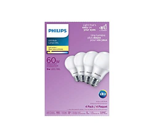 PHILIPS 463380 Led 60W A19 Soft White Non Dimmable(2700K)-4 Pack(Packing may Vary)