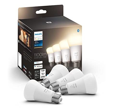 Philips Hue White 10.5W Equivalent 75W A19 Base E26 LED Smart Bulb, Dimmable, Bluetooth & Zigbee Compatible, Voice Activated with Alexa & Google Assistant, 4-Pack