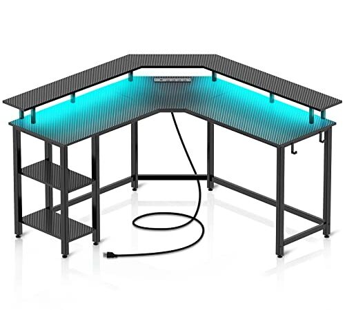 Rolanstar Computer Desk L Shaped with LED Strip & Power Outlets, Reversible L Shaped Gaming Desk Carbon Fiber Surface with Monitor Stand, L Shaped Computer Desk with USB Port&Hook,Home Office Desk