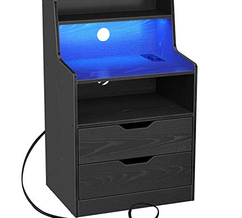 Rolanstar Nightstand with Charging Station and LED Lights, 2 AC and USB Power Outlets, Nightstand with 2 Drawers and Storage Shelves, Bedside Table for Bedroom - Black