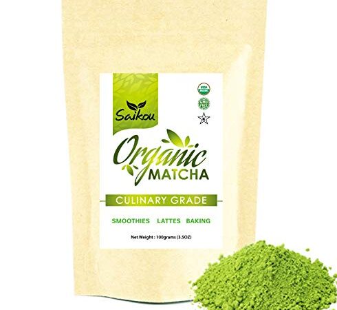 Saikou Matcha Green Tea Powder 100g Classic Culinary Grade USDA Organic Certified Green Colouring Food for Lattes Smoothies Baking Vegan Gluten-Free