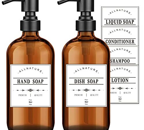 Soap Dispenser, 16OZ Amber Glass Soap Dispenser 2 Pack Soap Bottles with Stainless Steel Pump and 6Pcs Labels, Dish Hand Soap Dispenser for Kitchen and Bathroom