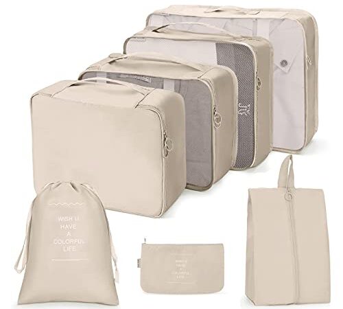 Toketa Travel Packing Cubes 7 Set, Mesh Polyester Waterproof Travel Organizer, 15.75 in Foldable Compression Packing Cubes, Lightweight Luggage Clothes Storage Bags Beige