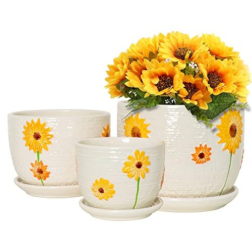 Ton Sin Sunflower Plant Pots, Ceramic Flower Pots Set of 3 for Plant Indoor Planter with Saucer,Decorative for Succulent Pots with Drainage Hole（3 Pack,Yellow）