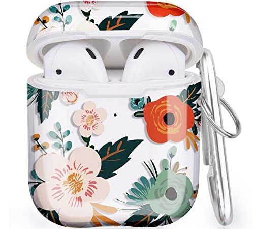 V-MORO Airpods Case Clear Flower Airpod Cases Cover Women Men Girls Boys Soft Transparent Cute Airpods Protective Cover Compatible with AirPods 2 & 1 (Green/Red Flower)