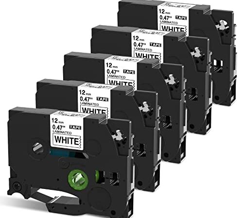 5 Pack Replacement for TZe-231 P Touch Label Tape Compatible with Brother P-Touch (TZ231 TZe231) Standard Laminated 12mm, Black on White, for Label Maker Tape PTH110 PT-D210 D220 D200 H100