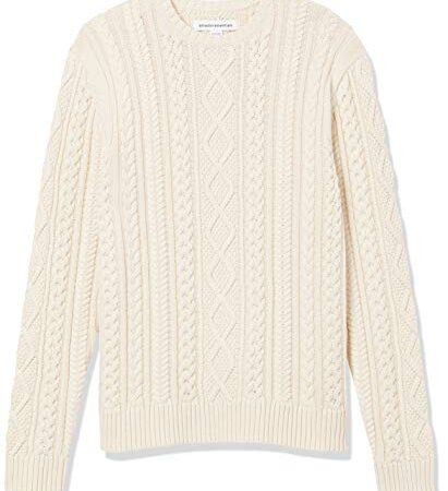 Amazon Essentials Men's Long-Sleeve 100% Cotton Fisherman Cable Crewneck Sweater, Off-White, Large