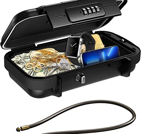 AMIR Travel Safe Portable Lock box, 4 Digit Combination Security Case, Cash Box, Waterproof Mini Travel Safe with Removable Wire Rope, Portable Beach Safe Box for Travel, Beach,Office, Black