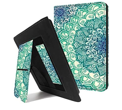 Case for Kindle Paperwhite eReader (6.8", 11th Generation, 2021 Release), Riaour Premium PU Leather Sleeve Cover with Auto Sleep Wake Hand Strap Foldable Stand Card Slot (Emerald Illusions)