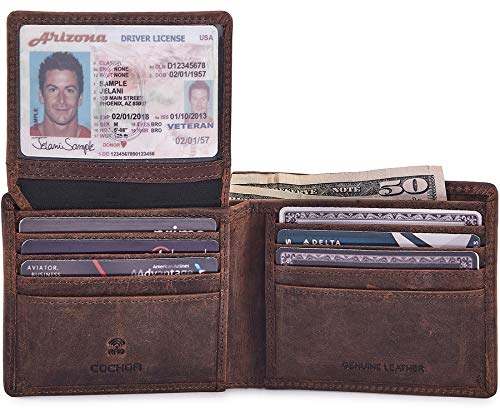 COCHOA Men's Real Leather RFID Blocking Stylish Bifold Wallet with 2 ID Window (Crazy Horse, Cognac)