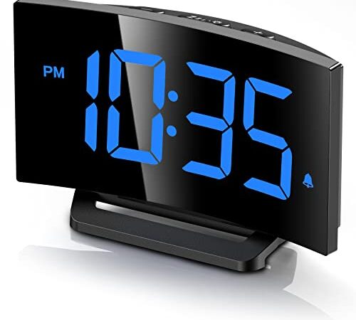 Digital Alarm Clock for Bedroom, Digital Clock with Modern Curved Design, Conspicuous Blue LED Numbers, 5 Levels Brightness+Off, 2 Volume, 3 Alarm Tones, Snooze, Power-Off Memory,12/24H, Bedside Clock