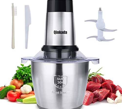 Electric Meat Grinder, Qinkada 500W Food Processor 3.5L Chopping Meat, 14Cup Large Stainless Steel Electric Food Chopper with 4 Sharp Blades 3 Rotating Speed Levels and Spatula