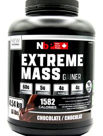 Extreme Mass Chocolate weight gainer muscle builder, 10 lbs (4.54 kg) from Sunshine BioPharma, your muscle mass protein mix made of the high calorie fortified whey protein mixed with BCAA, Creatine, glutamine, vitamins and minerals. This formulation allows extreme gain with less sugar as the expected companion of your intense workout training. The best sport nutrition supplement also available on Amazon: Strawberry-Banana and Vanilla flavor.