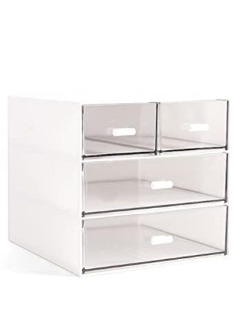 FAMULEI Desk Storage, Makeup Storage Box With 4 Drawers, Cosmetic Storage Organizer, Plastic Office Stationery Supplies Organizers, Desktop Organizer for Office School Home And Bathroom (White)