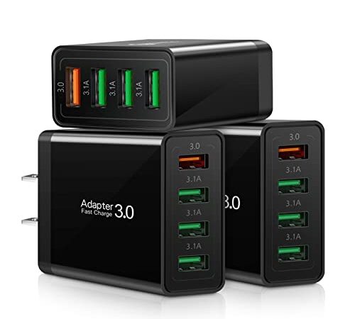 Fast Charge 3.0 Wall Charger, 3-Pack iSeekerKit 4 Ports USB Wall Charger Adapter Fast USB Charging Block Compatible Wireless Charger, Samsung Galaxy S9/S8 Note 8/9, iPhone,Pad, Tablet (Black)