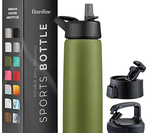 FineDine Water Bottle - Stainless Steel Insulated Water Bottle with Straw Lid, Flip Lid & Wide-Mouth Cap - Keeps Hot and Cold - 25 Oz / 739ml - Army Green
