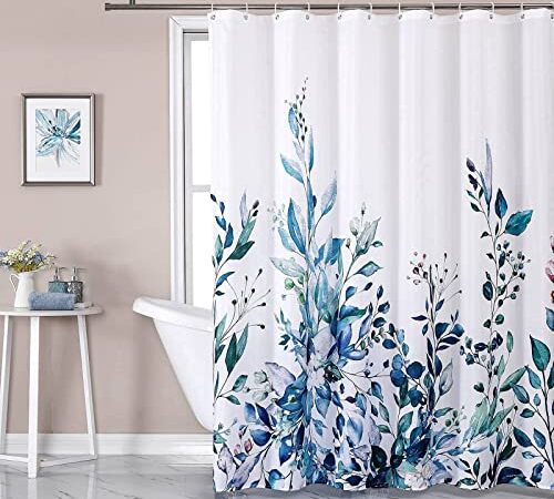 GYMTOP Blue Eucalyptus Leaves Shower Curtain Sets,Watercolor Leaves Plant with Floral Bathroom Decoration 72x72 Inch with 12 Hooks,Blue Shower Curtains for Bathroom