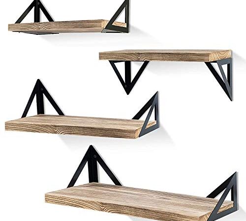 Klvied Floating Shelves Wall Mounted Set of 4, Rustic Wood Wall Shelves, Storage Shelves for Bedroom, Living Room, Bathroom, Kitchen, Office and More, Carbonized Black (Carbonized Black)