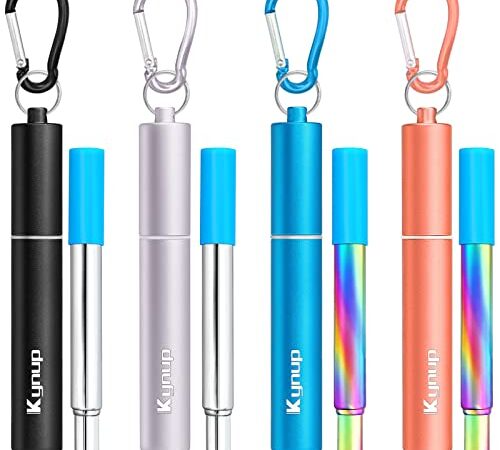 Kynup 4Packs Reusable Straws, Metal Straw with Silicon, Travel Drinking Straws with Metal Case, Keychain, Cleaning Brushes, Silicon Pcs Perfect for Travel, Gifts (20 PCS) Blue-Black- Rose Gold-Silver