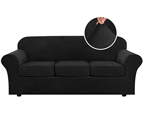 Modern Velvet Plush 4 Piece High Stretch Sofa Slipcover Strap Sofa Cover Furniture Protector Form Fit Luxury Thick Velvet Sofa Cover for 3 Cushion Couch, Machine Washable(Sofa,Black)