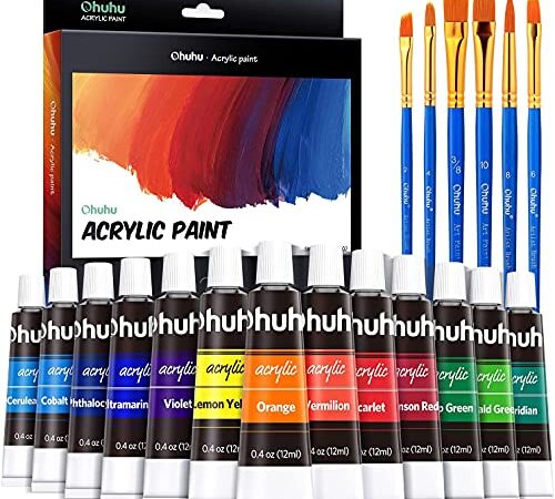 Ohuhu Acrylic Paint Set, 24 Rich Pigment Colors, 6 x Art Brushes for Painting Canvas, Clay, Shoes, Ceramic Crafts, Non-Toxic Quick Dry for Kids And Adults DIY Craft Gifts