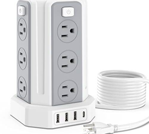 Power Bars with Surge Protector, 9.8 FT Extension Cord 12 Outlet 4 USB Ports (1 USB C) Tower Power Bar, SMALLRT Surge Protection Power Strip Overload Protection Desk Charging Station for Home Office