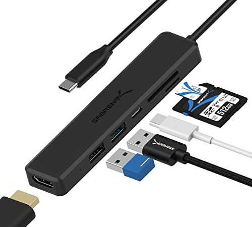 SABRENT USB C Hub 6 in 1 USB Multi-Port 3.0 with 4K HDMI, 60W Power Delivery SD/TF Card Readers, Compatible with MacBook Pro (Thunderbolt 3), Mac Air, Chromebook, XPS (HB-TC6C)