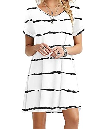 WEACZZY Women Summer Casual V Neck T Shirt Dresses Beach Cover up Loose Dress with Pockets (Stripe White, Small)