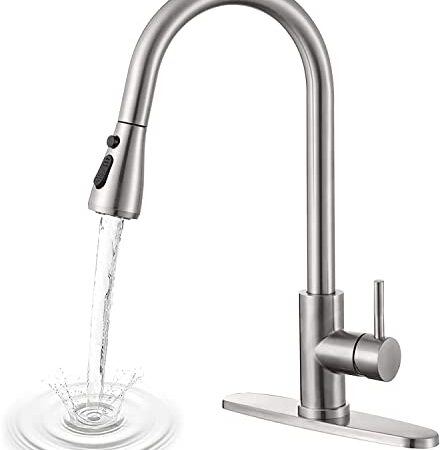 YUUTY Kitchen Faucet - Kitchen Sink Faucet with Pull Down Spray Head, 304 Stainless Steel High Arc Single Handle Kitchen Taps with Deck Plate, Brushed Nickel Finish Modern Faucet for Home/Laundry/RV